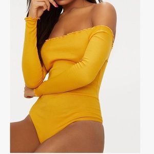 Mustard Off Shoulder Long Sleeve Bodysuit